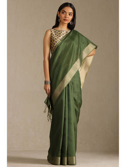 Soch - Womens Olive Tussar Solid Saree with Unstitched Blouse