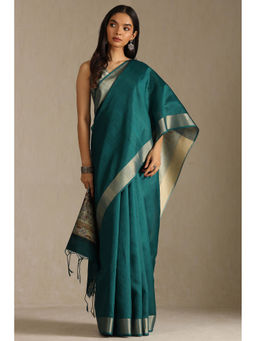 Soch - Womens Teal Tussar Solid Saree with Unstitched Blouse