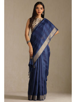 Soch - Womens Navy Blue Tussar Solid Saree with Unstitched Blouse