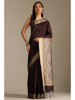Soch - Womens Brown Tussar Solid Saree with Unstitched Blouse