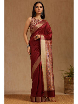 Soch - Womens Maroon Tussar Solid Saree with Unstitched Blouse