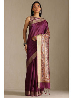 Soch - Womens Wine Tussar Solid Saree with Unstitched Blouse