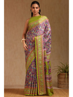 Soch - Womens Purple Pashmina Floral Print Saree with Unstitched Blouse