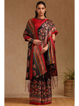 Soch - Womens Black Pashmina Floral Print Saree with Unstitched Blouse