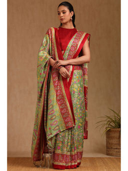 Soch - Womens Green Pashmina Floral Print Saree with Unstitched Blouse