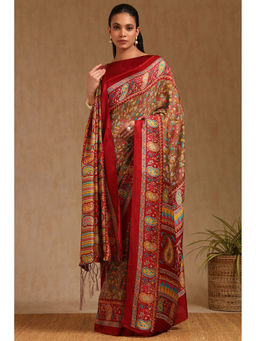 Soch - Womens Olive Pashmina Paisley Print Saree with Unstitched Blouse