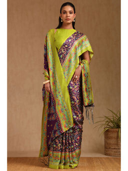 Soch - Womens Purple Pashmina Paisley Print Saree with Unstitched Blouse