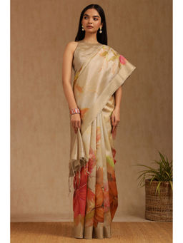 Soch - Womens Beige Tussar Floral Print Saree with Unstitched Blouse