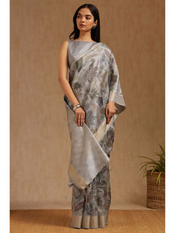 Soch - Womens Grey Tussar Botanical Print Saree with Unstitched Blouse