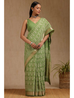Soch - Womens Light Green Viscose Block Print Saree with Unstitched Blouse