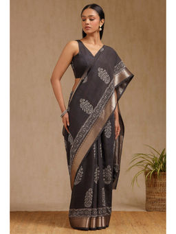 Soch - Womens Black Viscose Block Print Saree with Unstitched Blouse