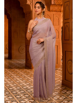 Soch - Womens Light Lavender Georgette Floral Print Stone Work Saree with Unstitched Blouse
