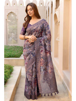 Soch - Womens Multicolour Chanderi Floral Print Saree with Unstitched Blouse