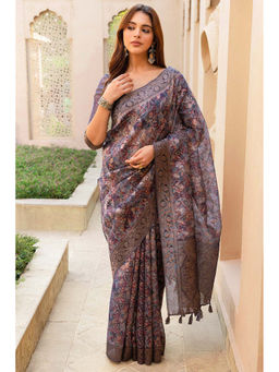 Soch - Womens Grey Chanderi Geometric Print Saree with Unstitched Blouse
