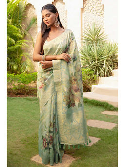 Soch - Womens Sap Green Chanderi Floral Print Zari Woven Saree with Unstitched Blouse