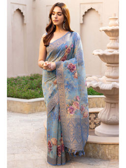 Soch - Womens Powder Blue Chanderi Floral Print Zari Woven Saree with Unstitched Blouse
