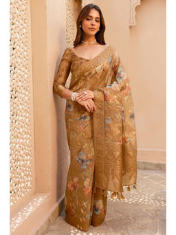 Soch - Womens Brown Chanderi Floral Print Zari Woven Saree with Unstitched Blouse