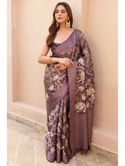 Soch - Womens Purple Tussar Floral Print Saree with Unstitched Blouse