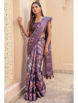 Soch - Womens Purple Tussar Floral Print Zari Woven Saree with Unstitched Blouse