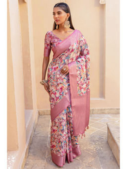 Soch - Womens Multicolour Tussar Floral Print Saree with Unstitched Blouse