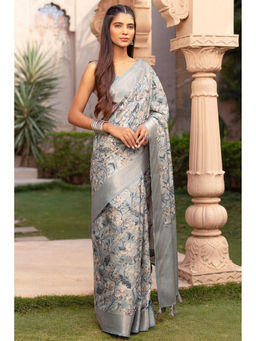Soch - Womens Light Grey Tussar Floral Print Zari Woven Saree with Unstitched Blouse