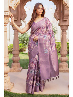 Soch - Womens Lavender Tussar Floral Print Zari Woven Saree with Unstitched Blouse