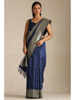 Soch - Womens Navy Blue Tussar Woven Design Saree with Unstitched Blouse