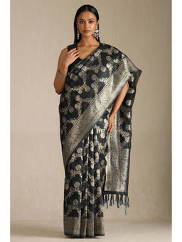 Soch - Womens Black Tussar Floral Print Zari Woven Saree with Unstitched Blouse