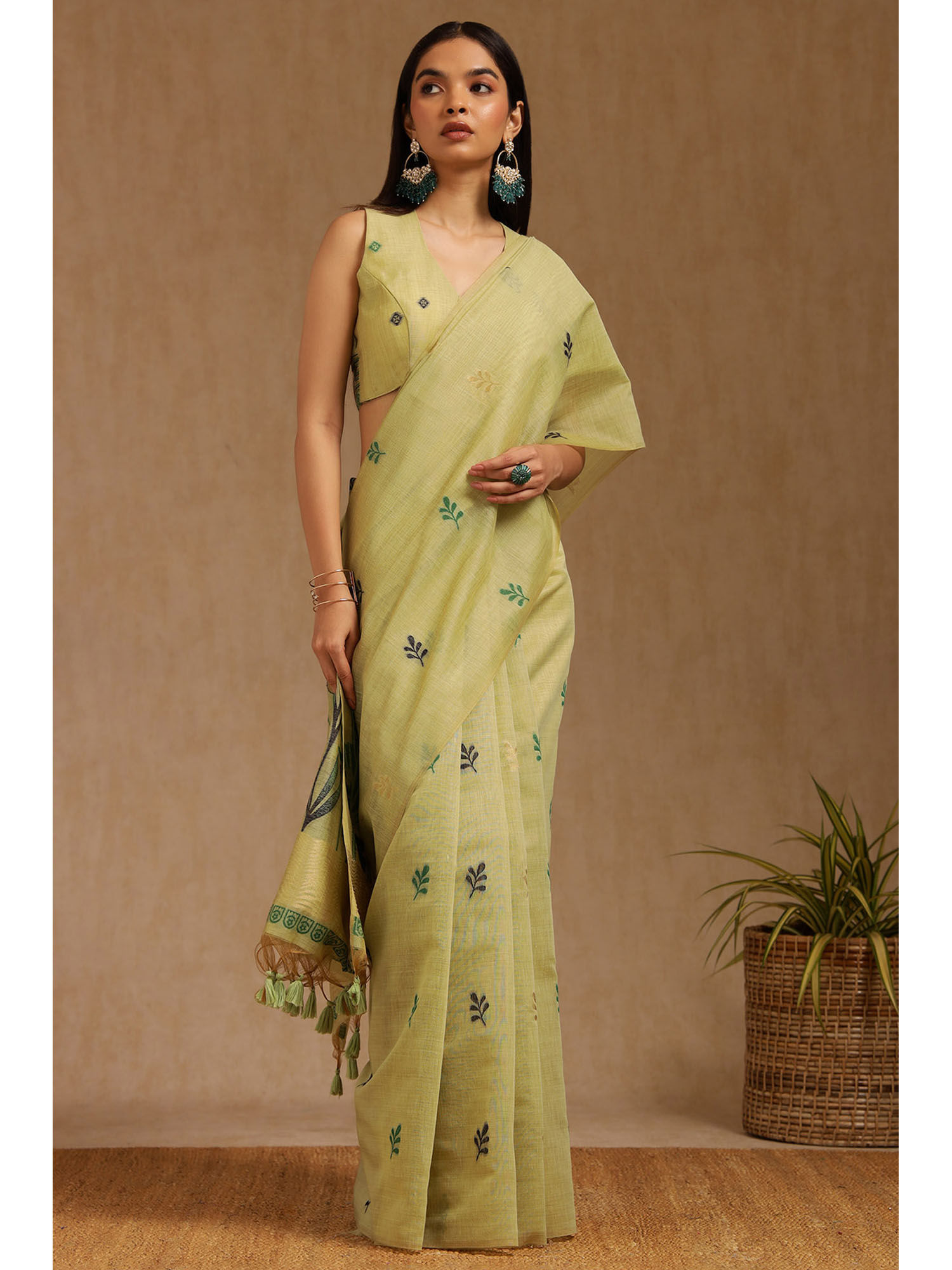 soch Womens Sap Green Chanderi Woven Design Saree with Unstitched Blouse-picture-19