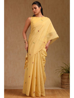 Soch - Womens Yellow Chanderi Floral Print Zari Woven Saree with Unstitched Blouse