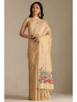 Soch - Womens Beige Chanderi Floral Print Zari Woven Saree with Unstitched Blouse