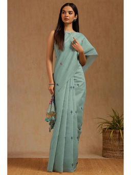 Soch - Womens Powder Blue Chanderi Floral Print Zari Woven Saree with Unstitched Blouse