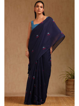 Soch - Womens Navy Blue Chanderi Pichwai Print Saree with Unstitched Blouse
