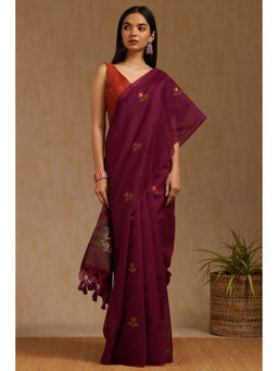 Soch - Womens Magenta Chanderi Pichwai Print Saree with Unstitched Blouse