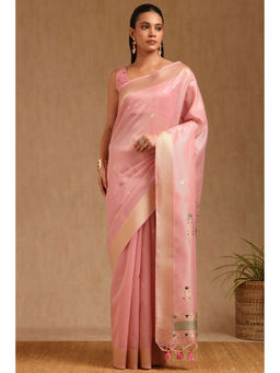 Soch - Womens Blush Pink Tissue Zari Woven Saree with Unstitched Blouse