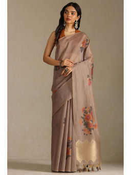 Soch - Womens Earth Chanderi Floral Print Saree with Unstitched Blouse