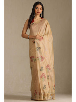 Soch - Womens Beige Chanderi Floral Print Saree with Unstitched Blouse