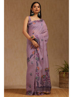 Soch - Womens Lavender Chanderi Floral Print Saree with Unstitched Blouse