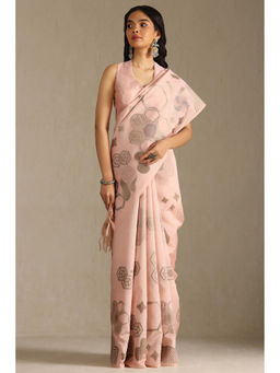 Soch - Womens Peach Tussar Woven Design Saree with Unstitched Blouse