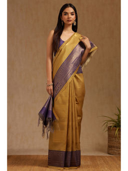 Soch - Womens Mustard Tussar Zari Woven Design Saree with Unstitched Blouse