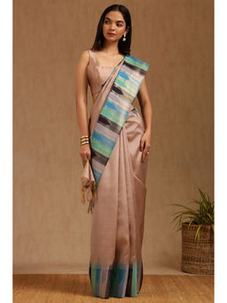 Soch - Womens Beige Tussar Woven Design Saree with Unstitched Blouse