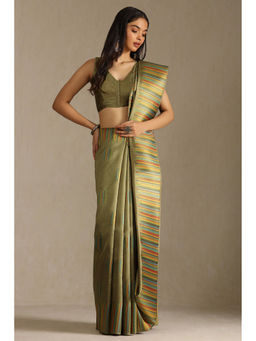 Soch - Womens Olive Tussar Woven Design Saree with Unstitched Blouse