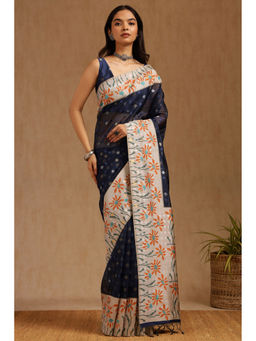Soch - Womens Navy Blue Chanderi Woven Design Saree with Unstitched Blouse