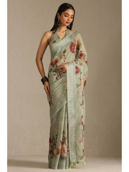 Soch - Womens Sap Green Linen Floral Print Sequins Saree with Unstitched Blouse