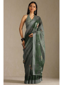 Soch - Womens Olive Linen Floral Print Sequins Saree with Unstitched Blouse