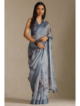 Soch - Womens Powder Blue Linen Floral Print Sequins Saree with Unstitched Blouse