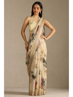 Soch - Womens Yellow Linen Floral Print Sequins Saree with Unstitched Blouse