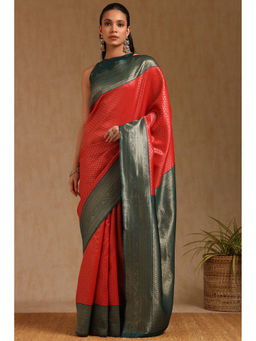 Soch - Womens Red Silk Blend Zari Woven Saree with Unstitched Blouse