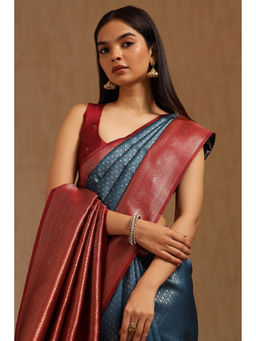Soch - Womens Blue Silk Blend Zari Woven Saree with Unstitched Blouse