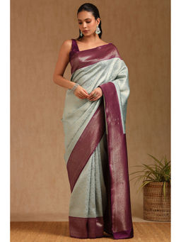 Soch - Womens Powder Blue Silk Blend Zari Woven Saree with Unstitched Blouse